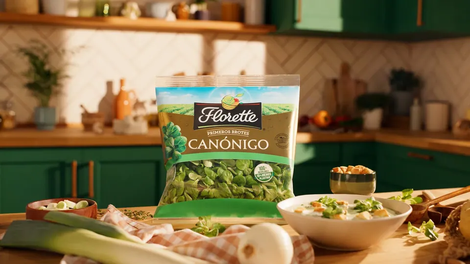 Bolsa de ensalada Florette sobre la encimera de una cocina verde.
