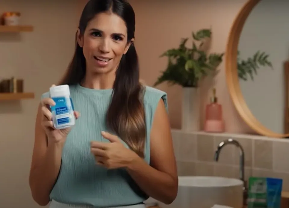 Una presentadora muestra un producto en un baño rosa.
